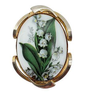 Lily Of The Valley Vtg 60s Cameo Brooch Pendant Goldtone Handpainted Floral